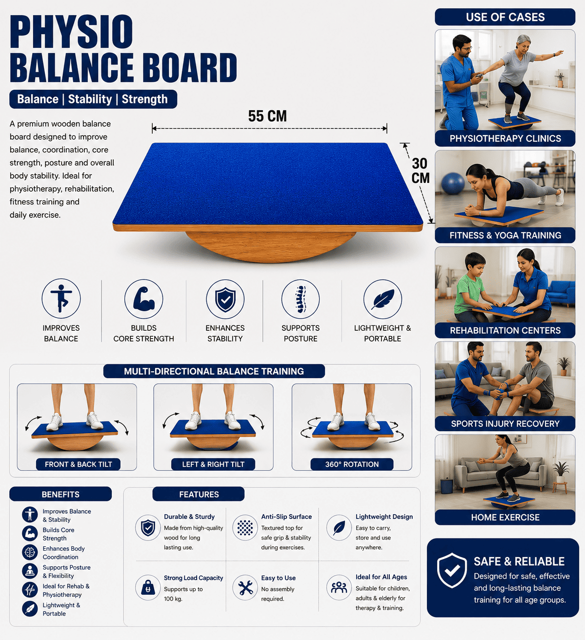 Wooden Balance Board Foot Rocker Leg Exerciser Occupational physio Therapy, simply fit board & kids balance board (Its Safe balancing board) New (Blue)
